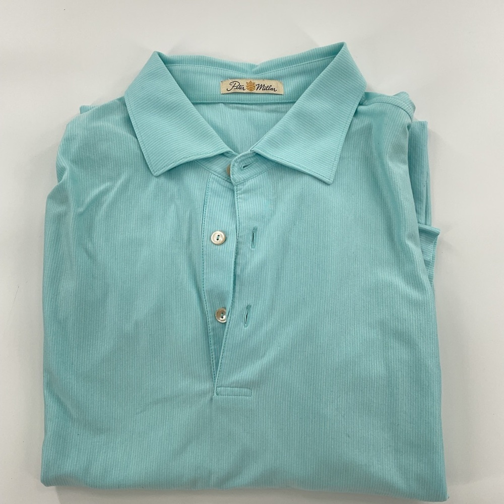 Peter Millar Golf Polo Golf Magazine Striped Cotton Mens Teal & White Size L